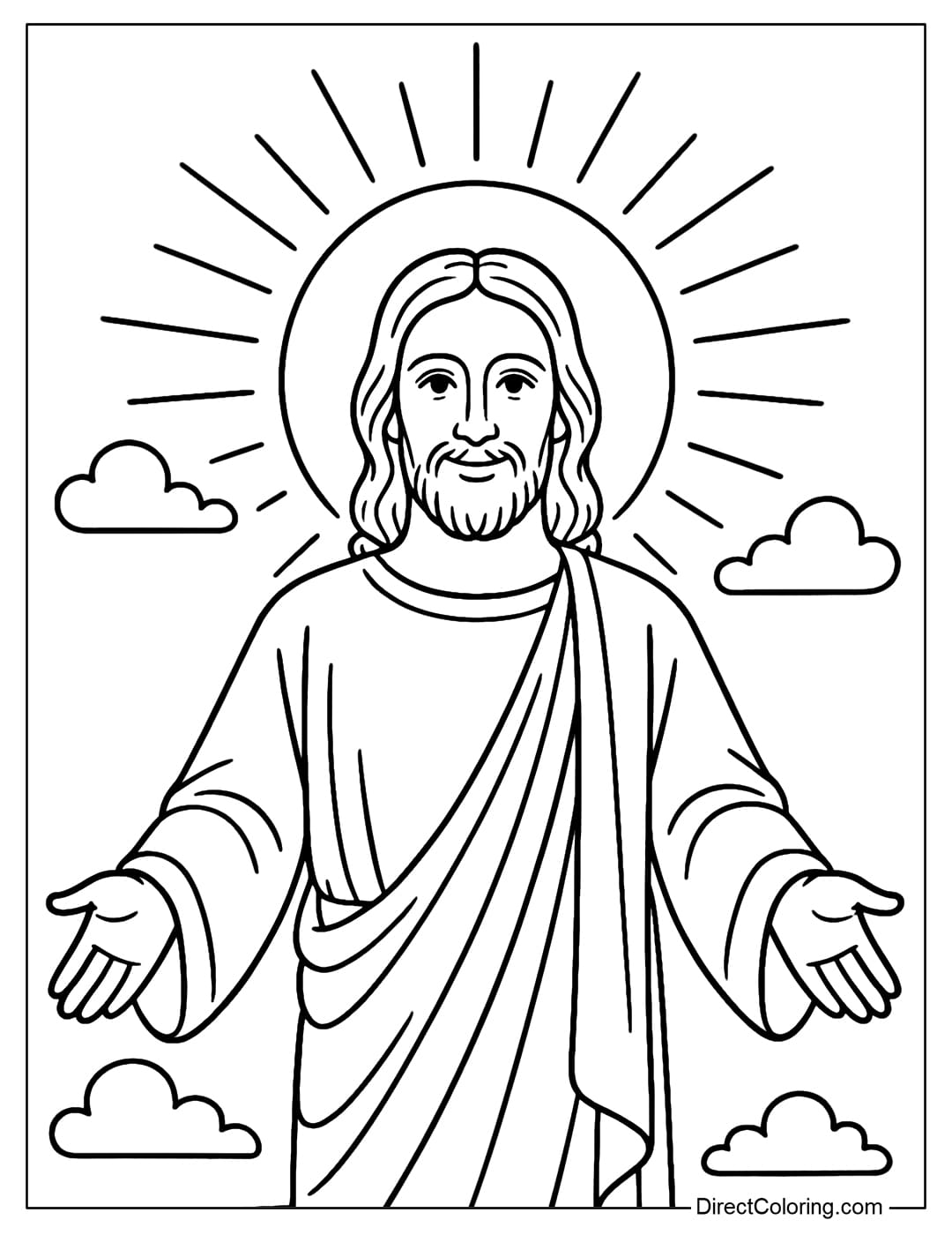 Jesus Coloring Page standing solemnly, arms outstretched in blessing, behind Him is a halo of light.