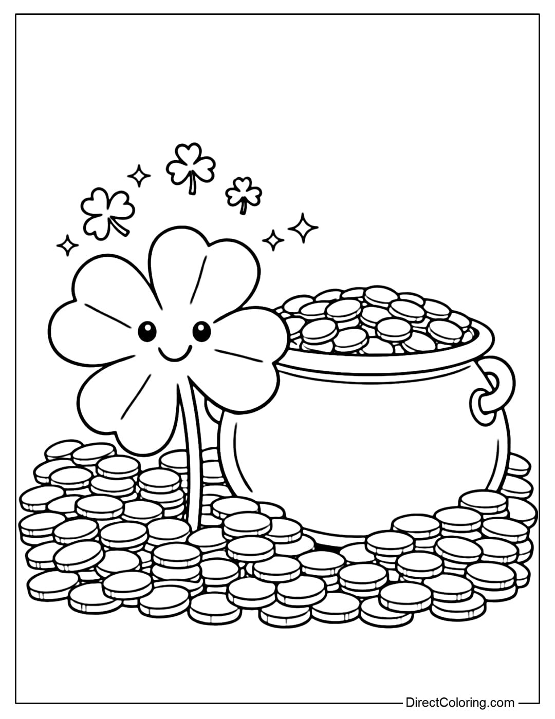A coloring page of a shamrock standing next to a pot of gold, with coins arranged neatly around its base.