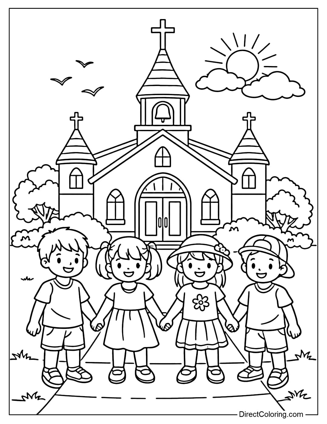 A coloring page of children holding hands in the churchyard.