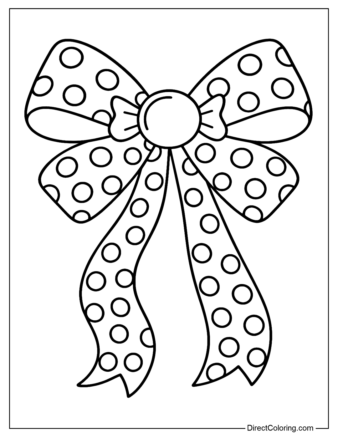 A Christmas bow coloring page with a candy ball pattern, looks like mint drops. The center of the bow is a stylized round candy.
