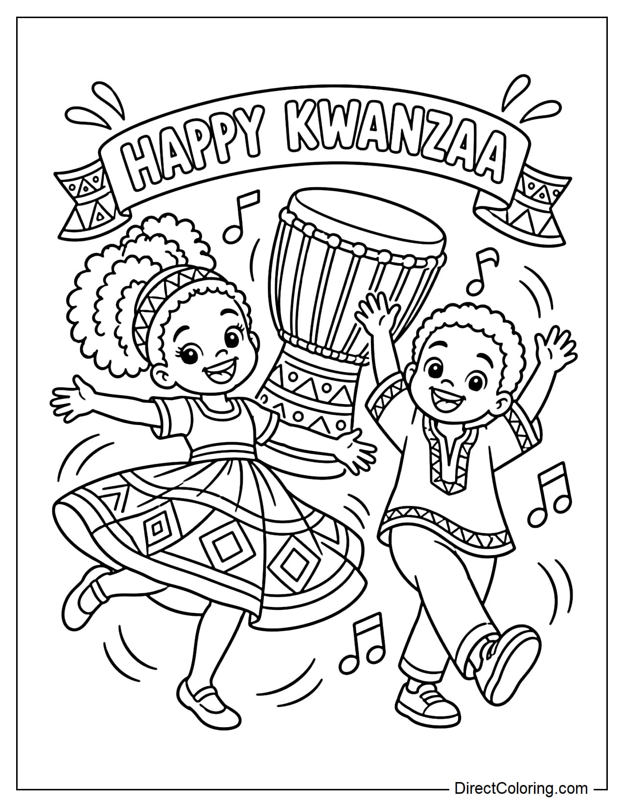 An African American boy and girl dance happily beside a djembe drum, with the words 