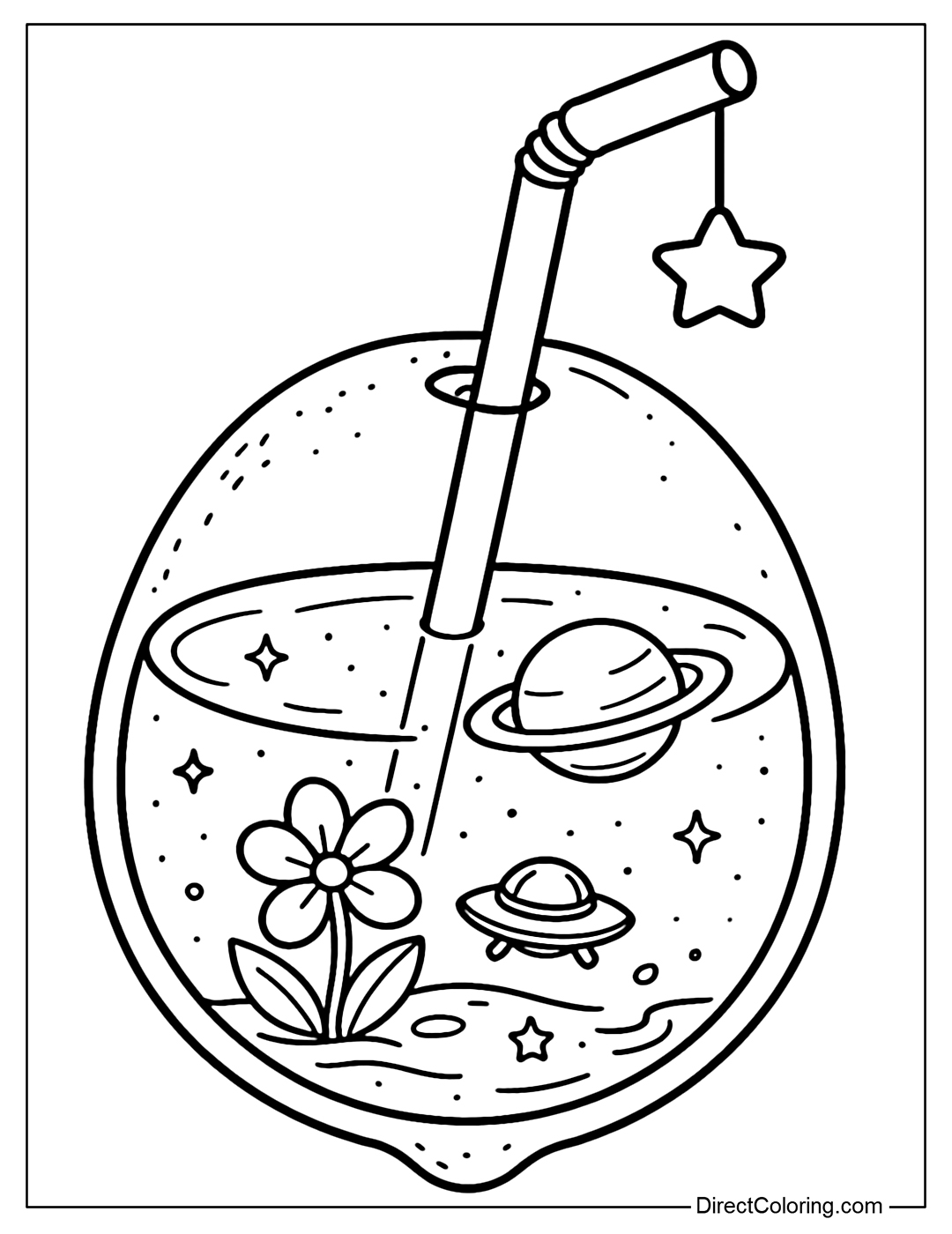 A passion fruit coloring page with sparkling water, inside is a flying planet and a tiny spaceship. The straw has a hanging star.