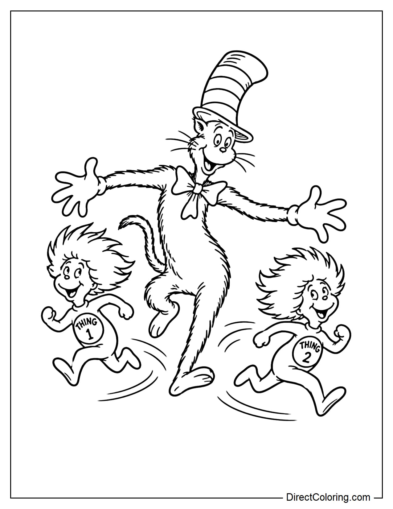 The Cat in the Hat stands in the middle with his arms stretched out to both sides, trying to catch Thing 1 and Thing 2 as they run around him.