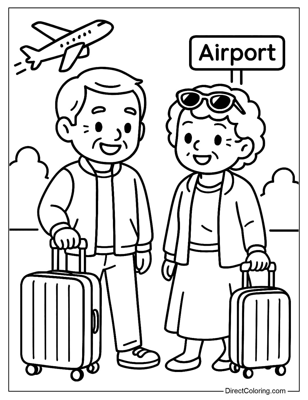 Coloring page of grandparents pulling suitcases traveling, with airplanes and airport signs in the distance.