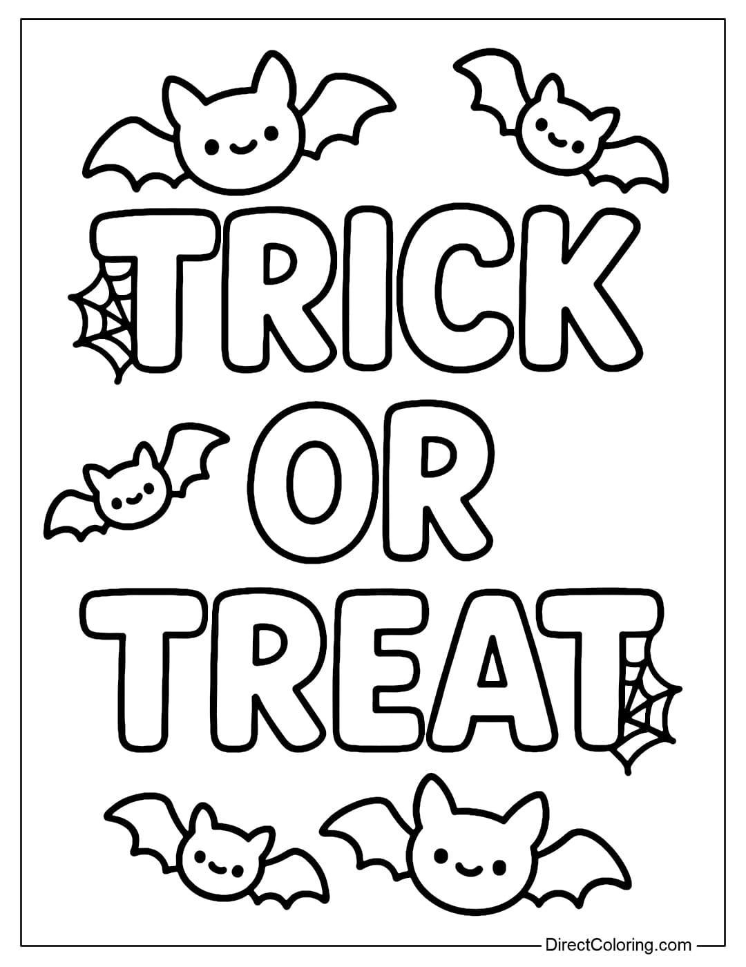 A thick Trick or Treat coloring page, decorated with a few flying bats and small spider webs clinging to the corner of the word.