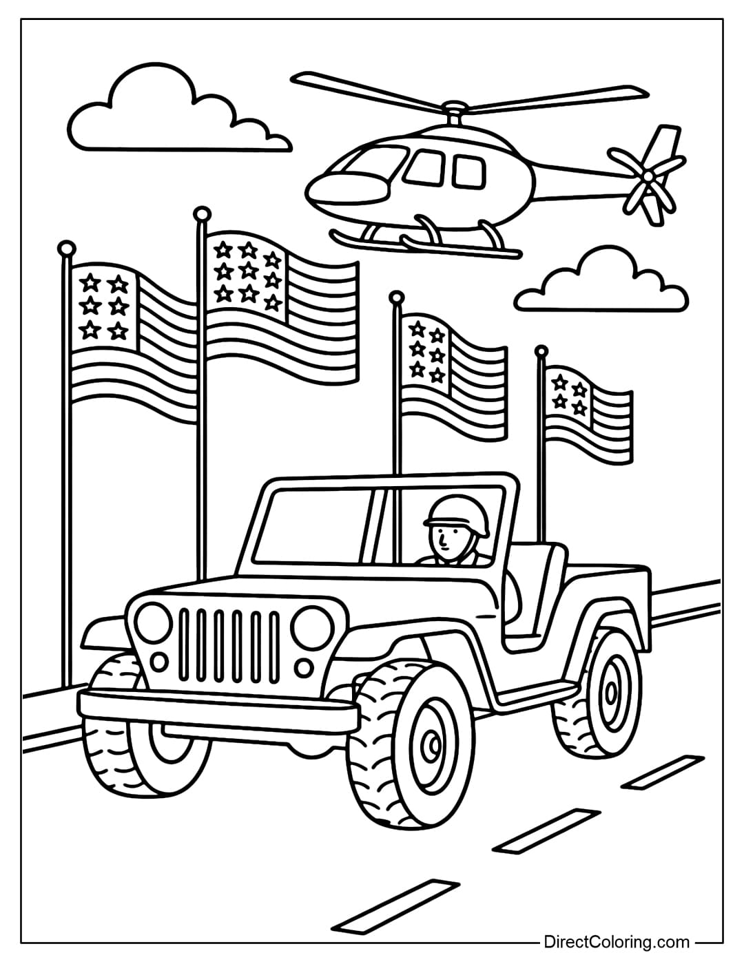 Coloring page of a military jeep and helicopter in a parade.