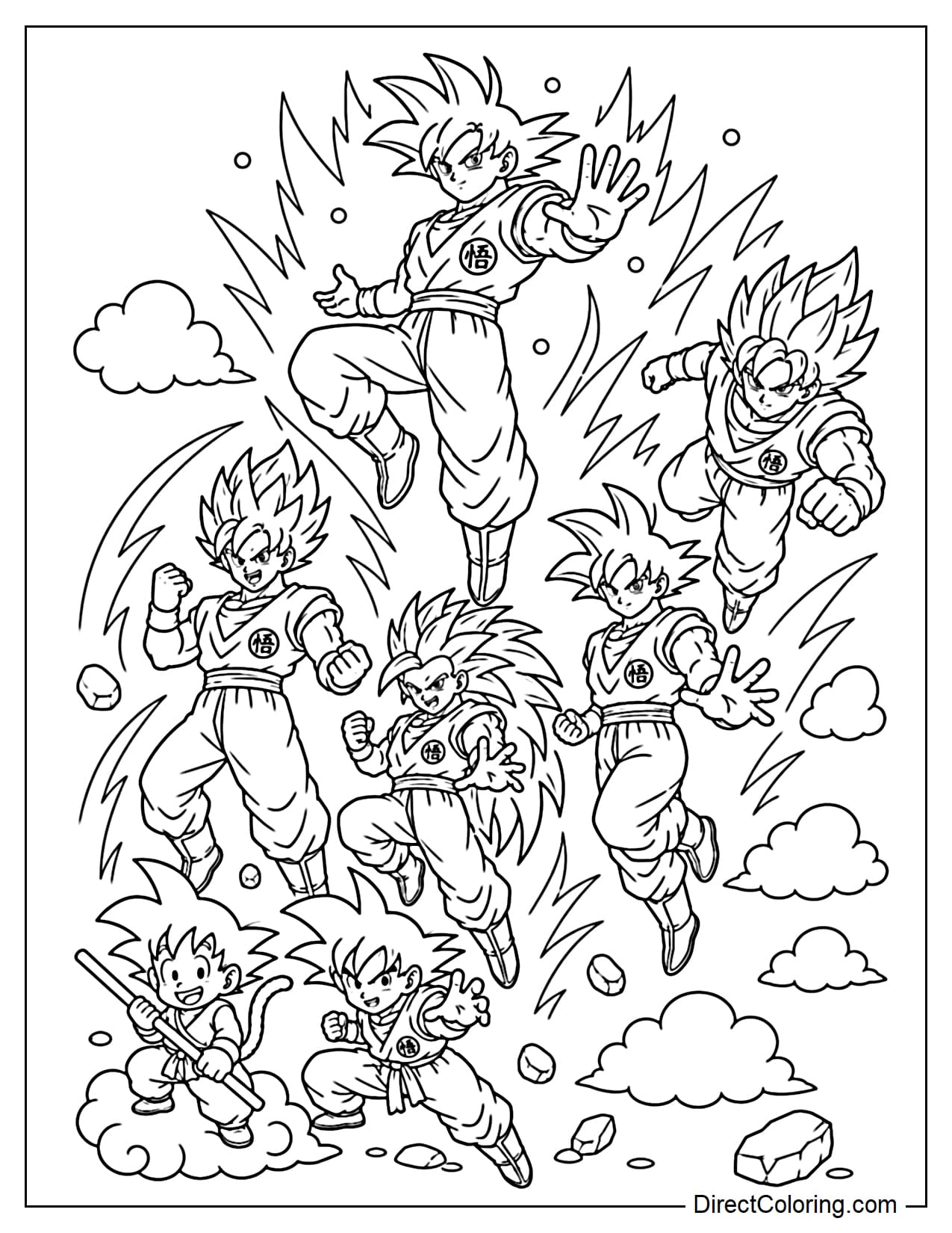 Many versions of Goku, including young Goku, teenage Goku, Super Saiyan Goku, Super Saiyan 3 Goku, Super Saiyan God Goku, Super Saiyan Blue Goku, and Ultra Instinct Goku, from Dragon Ball to Dragon Ball Super.