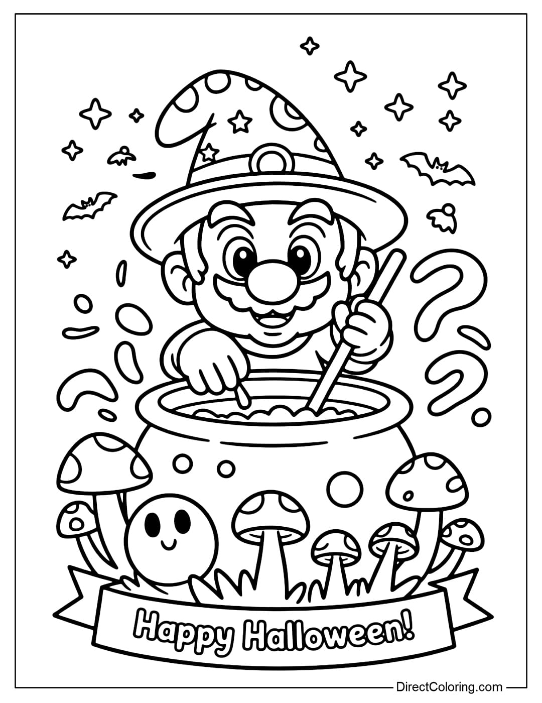 Coloring page Mario wearing a witch hat, stirring the potion with ghost mushrooms.