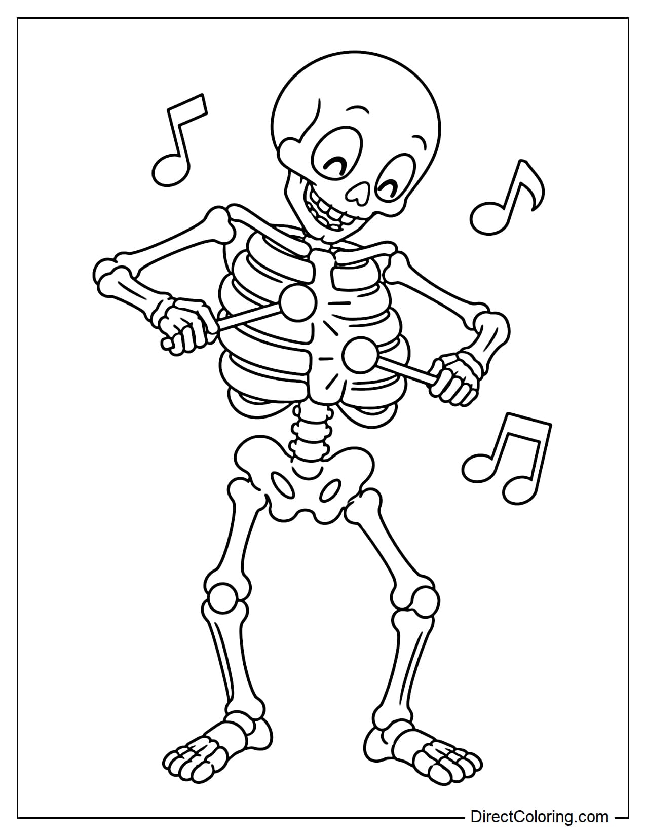 A cheerful skeleton is using two large mallets to tap its own rib cage like a xylophone.&nbsp;