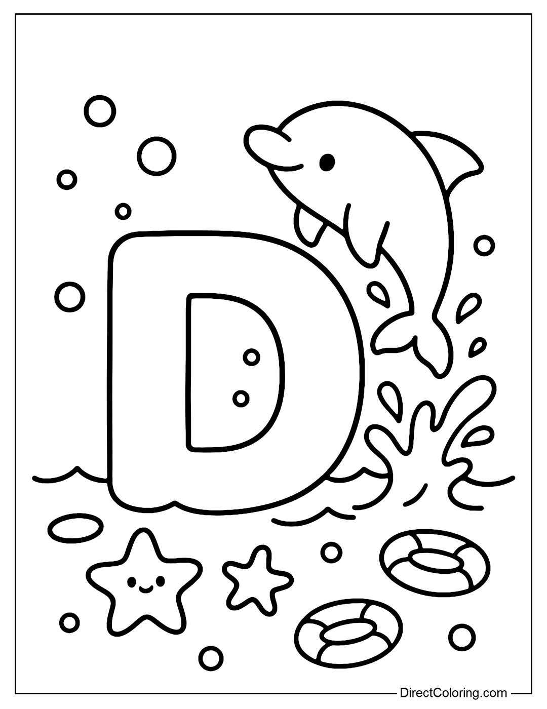 The letter D coloring page is set on the water, next to a dolphin flying up from the waves, creating a splash of water. Surrounded by small bubbles, starfish, and a few buoys floating.