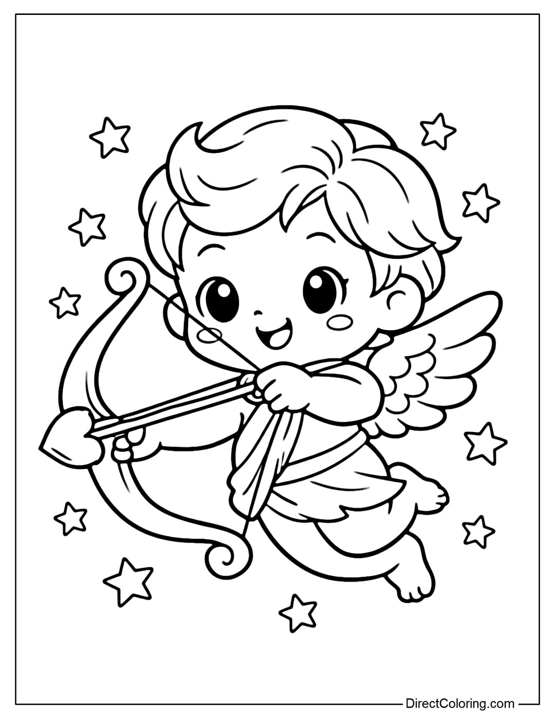 A cute coloring page of Cupid holding a large bow with heart-shaped arrows and small stars around them.
