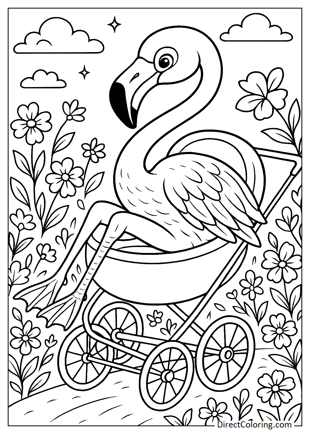 Flamingo sitting on a stroller in the flower garden coloring page