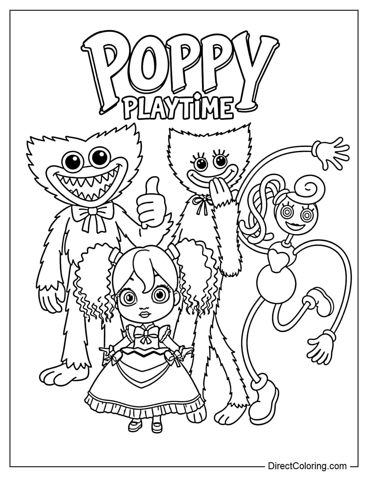 The Poppy Playtime characters, including Huggy Wuggy, Kissy Missy, Poppy, and Mommy Long Legs, stand together, with the words 