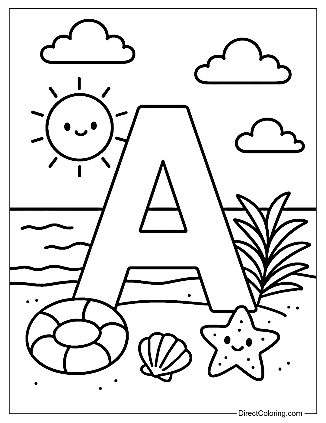 The letter A coloring page is set on a sandy beach, surrounded by buoys, seashells, starfish and palm leaves. In the background is a light ocean background with a smiling sun and a few fluffy clouds.