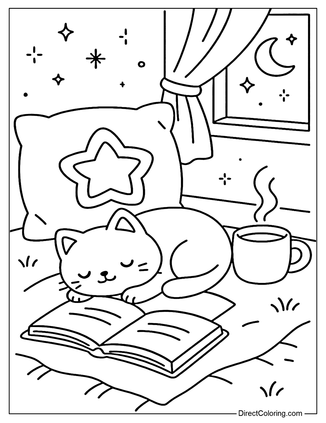 A coloring page of a cozy reading nook with pillows, cups of tea, a sleeping cat, and soft lighting.