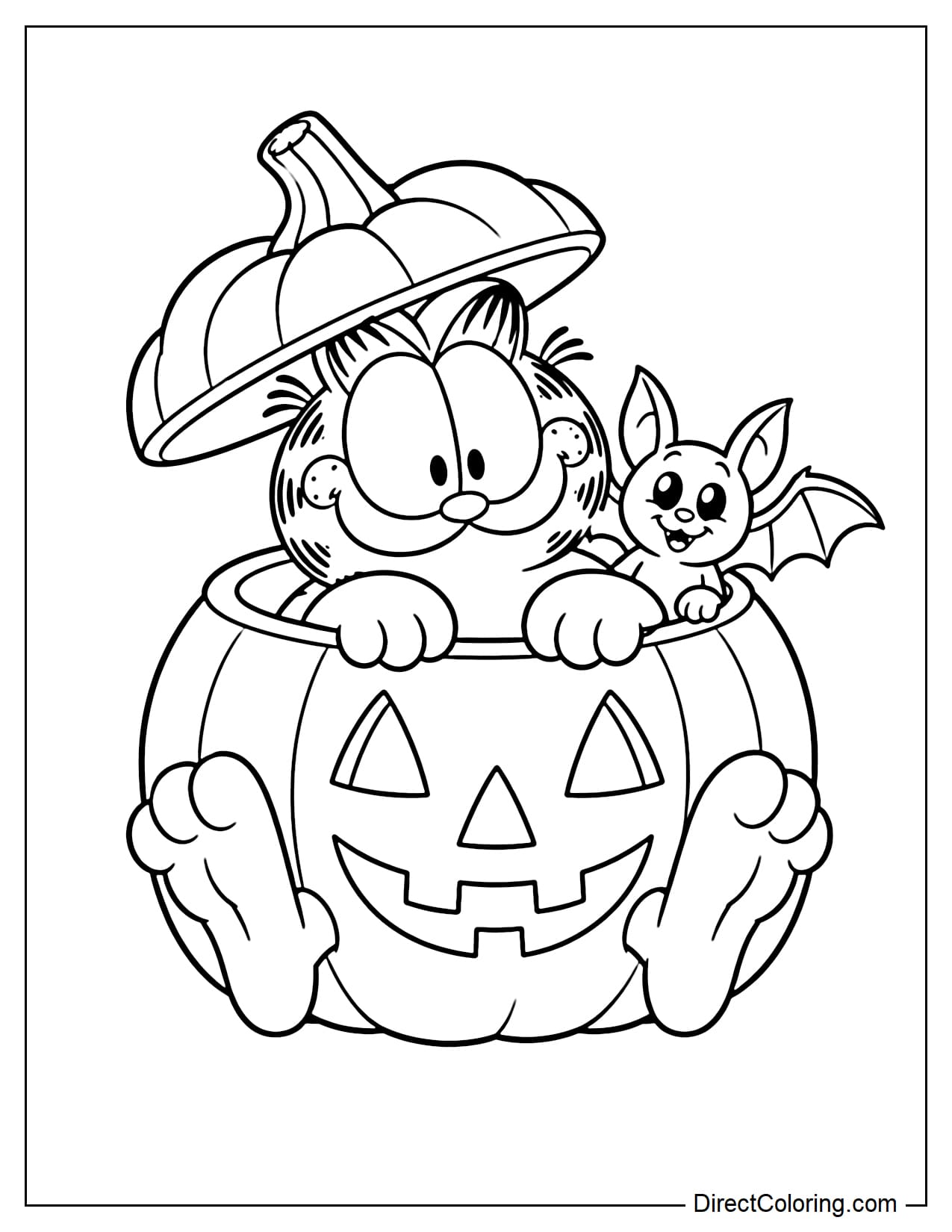 Garfield sitting happily inside a large Halloween pumpkin with the top opened like a lid, his two feet sticking out in front, with a small bat beside him.