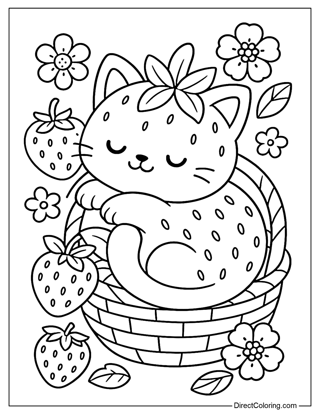 Strawberry cat coloring page, with strawberry seed pattern and green leaves on its head. The cat is curled up in a basket of fruit, surrounded by strawberry flowers and a few small strawberries.