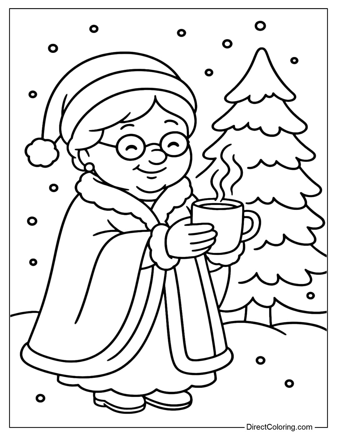 A Mrs Claus coloring page standing outside in the snow, holding a steaming cup of hot cocoa.