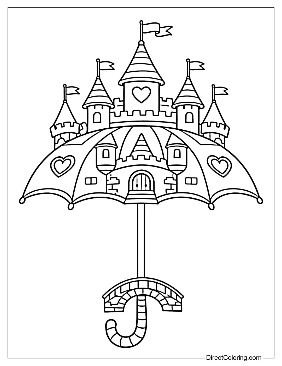 Coloring page of an umbrella designed like a small castle, with a handle curved like a small bridge.