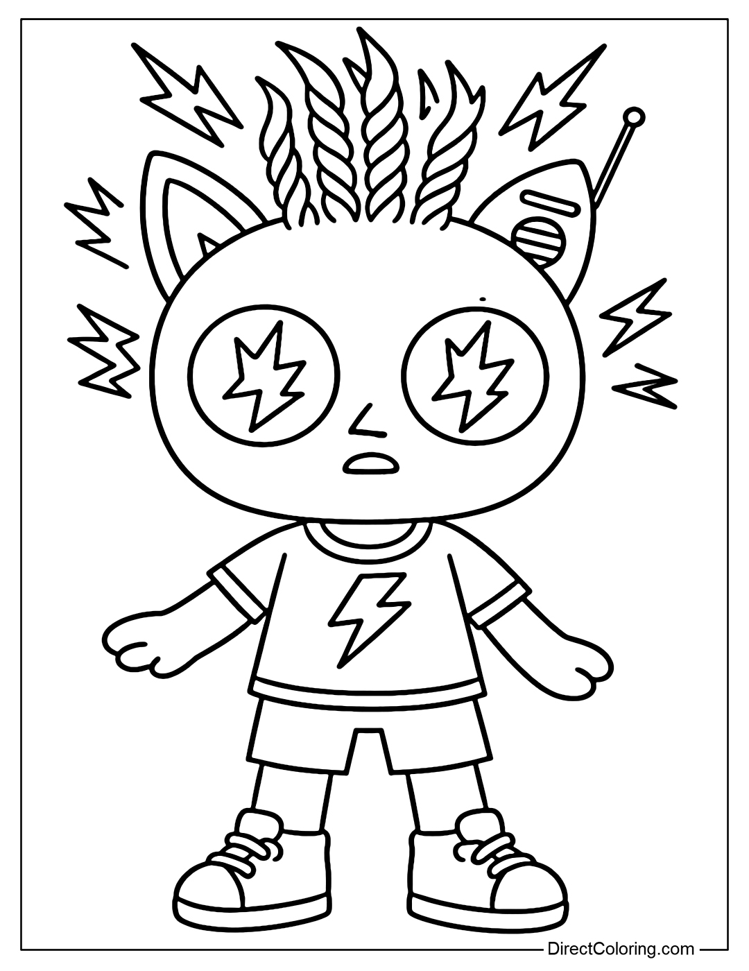 Finn doll coloring page has glowing eyes shaped like electric sparks and hair standing up as if electrocuted. The left ear is a cat ear, the right ear is a mini radio with an antenna.