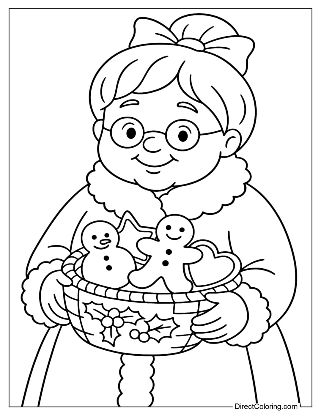 Coloring page of Mrs Claus holding a basket of Christmas cookies, snowman, star and heart.