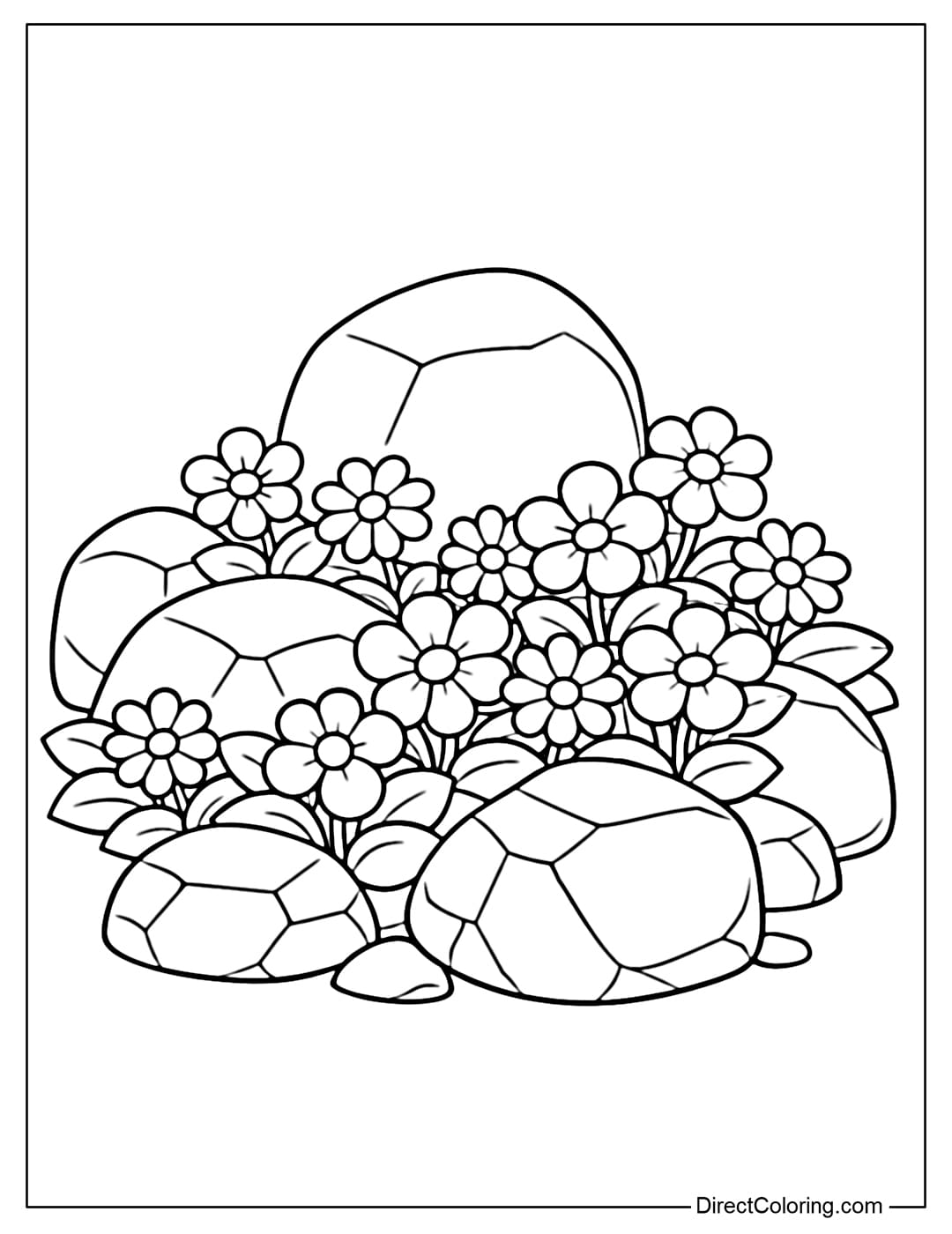 Coloring page of a cluster of flowers growing around round rocks, consisting of many round-petaled and oval-petaled flowers.