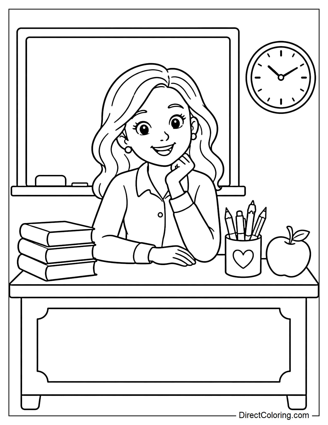 A female teacher is sitting at her desk, which has a stack of books, a pencil holder, and an apple on top. Behind her are a classroom board and a small round clock.