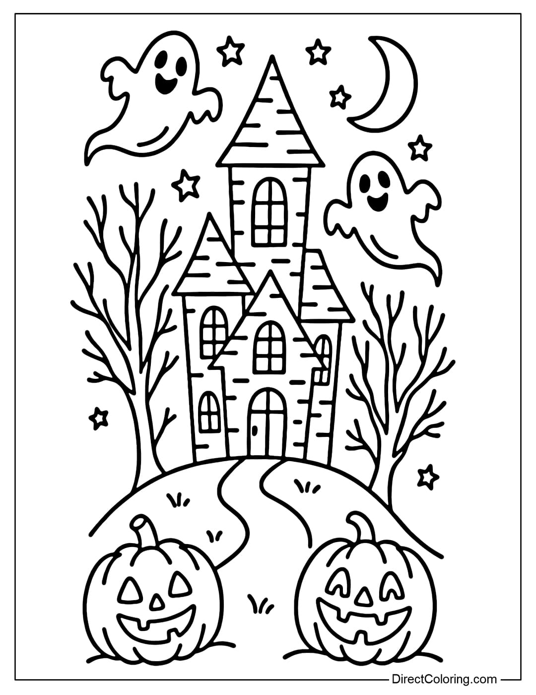 Halloween bookmark coloring page with haunted house on the hill, flying ghosts and glowing pumpkins.