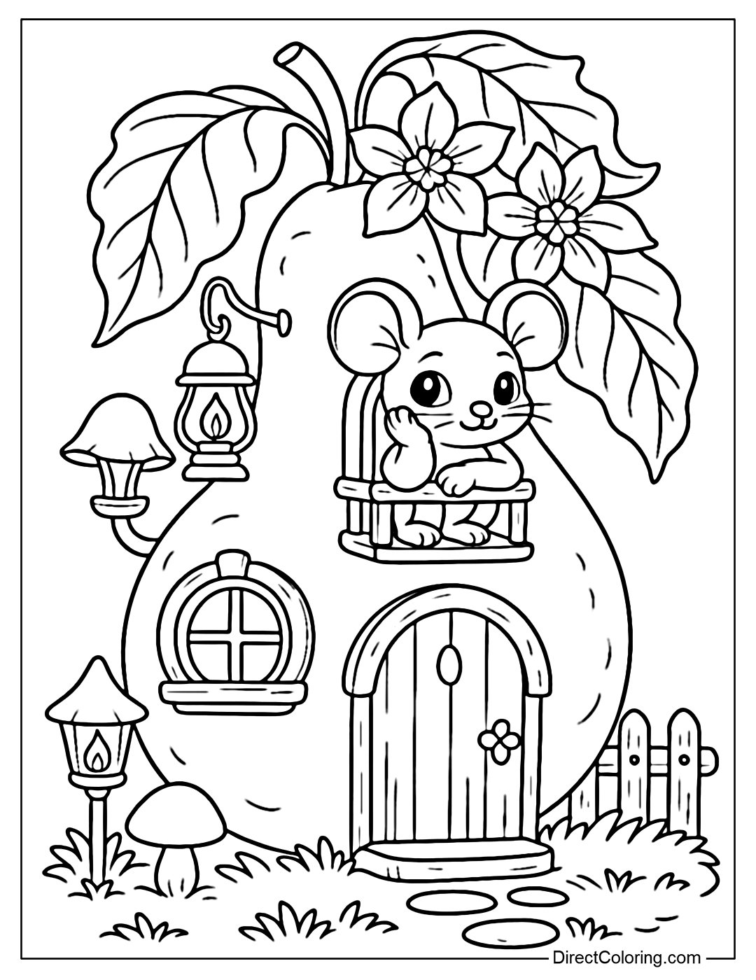 A pear house coloring page, with a round pear shape as the main body of the house. The green curved stem grows from the top, surrounded by large leaves that softly cover the edges.