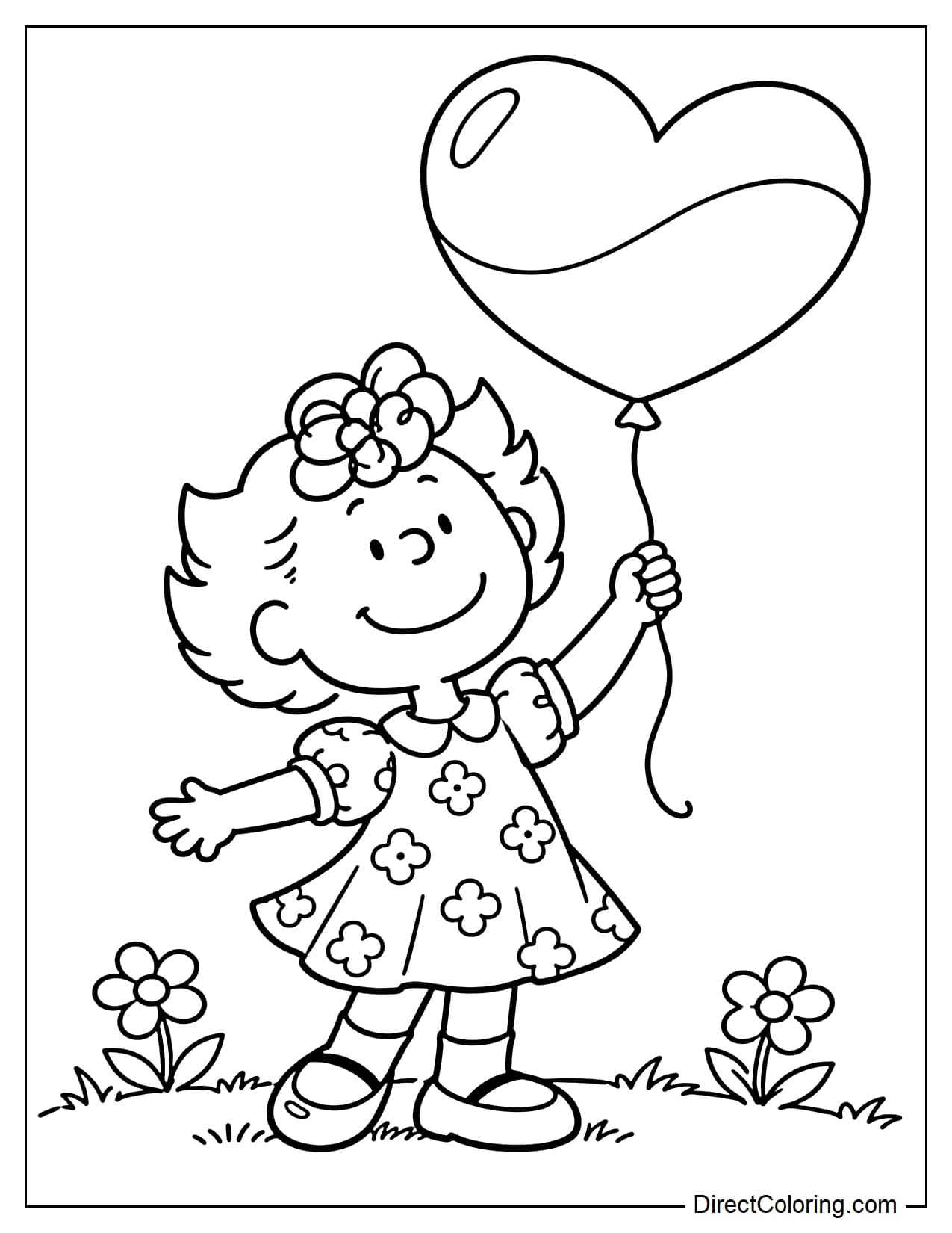 Sally Brown, with her short hair and adorable dress, stands holding a large heart-shaped balloon. Two small flowers decorate the ground near her feet.