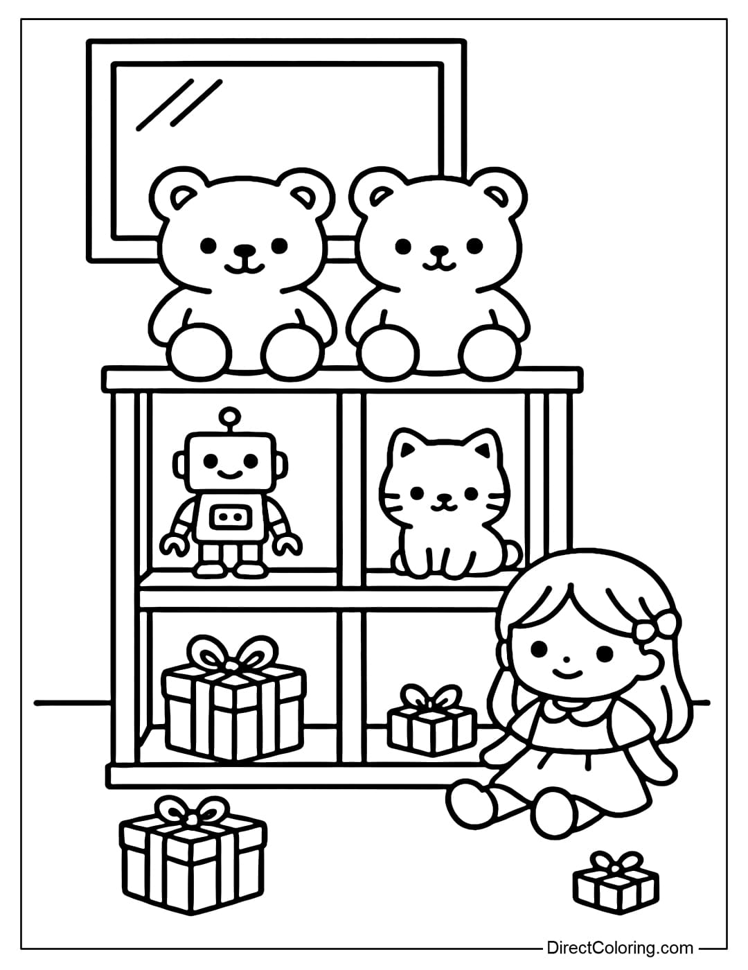 Toy Store Inside Coloring Page Coloring page inside the store, wooden shelves with teddy bears, small robots, dolls, gift boxes scattered on the floor.