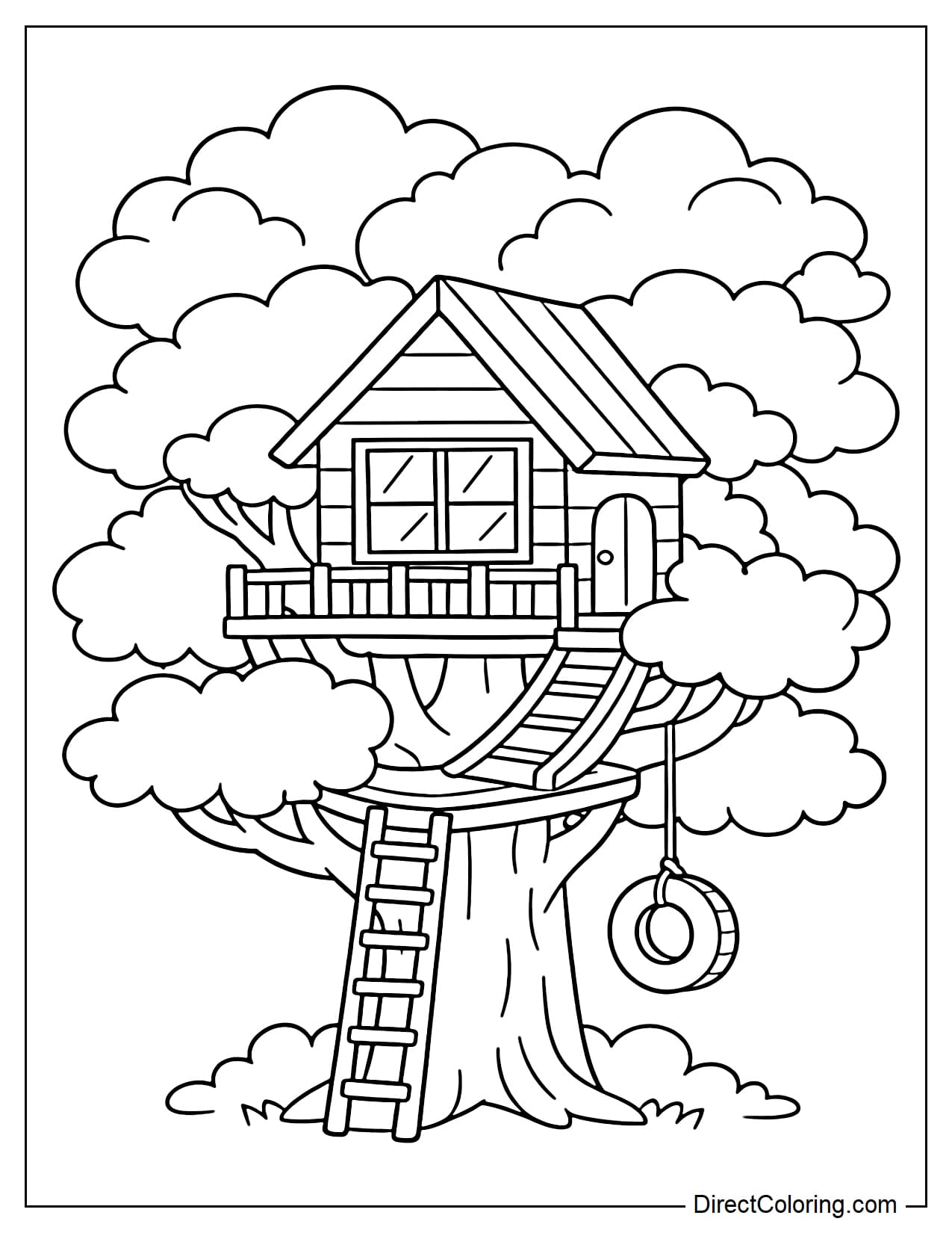 A treehouse perched on top of a large tree with soft clouds surrounding it as a backdrop, the tree canopy and clouds drawn in rounded shapes.