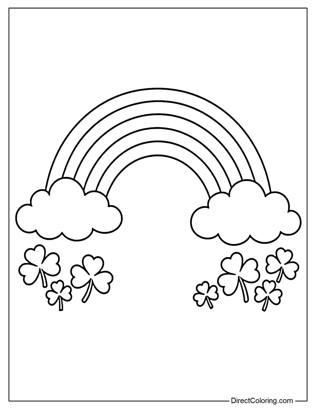 This coloring page features a large rainbow, with small shamrocks and two round clouds at the bottom.