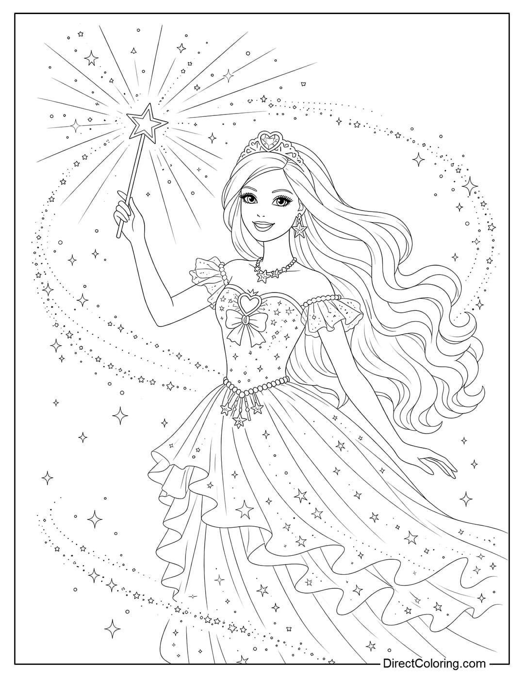 A coloring page of Barbie holding a magic wand and creating magical light.