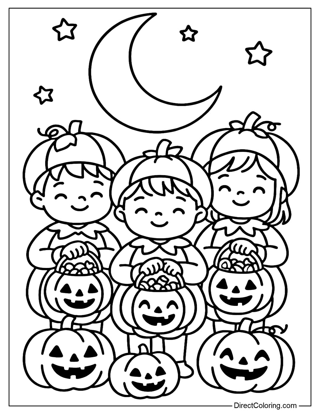A group of three children dressed in cute pumpkin costumes, each holding a basket of candy, surrounded by pumpkins.
