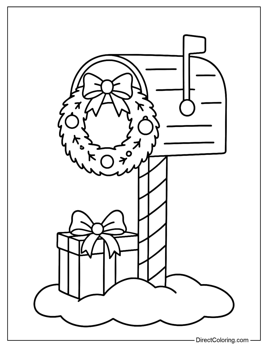 A Christmas mailbox coloring page decorated with a large pine wreath, a red bow and balls, with a gift box and a thick layer of snow underneath.