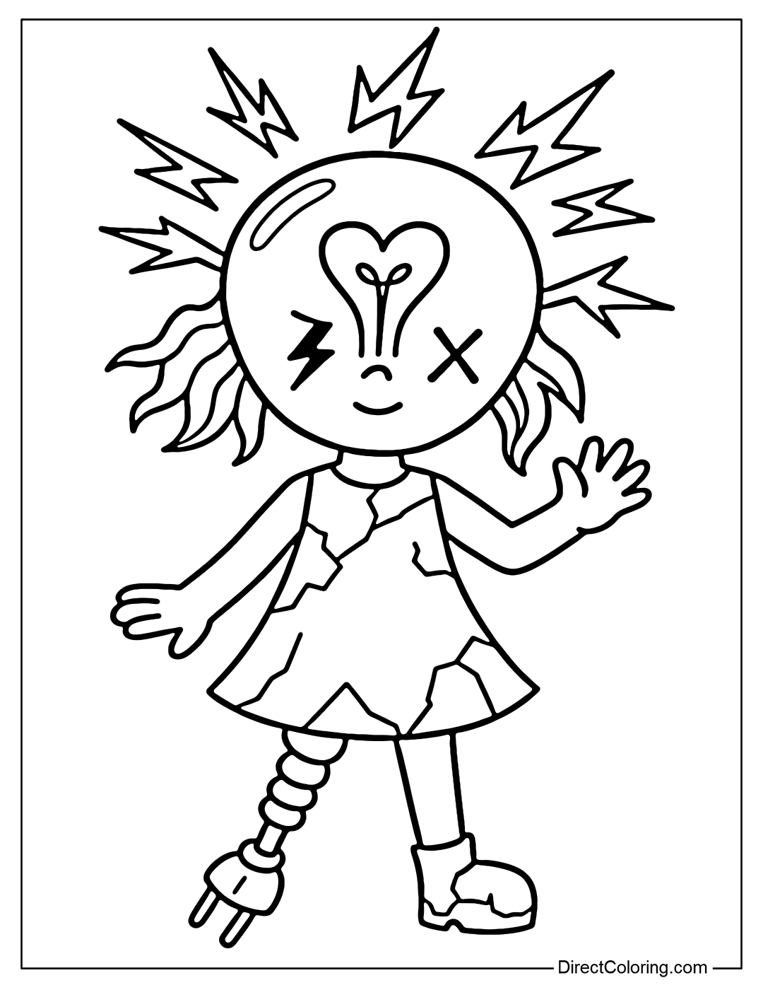 Blink flashing light bulb doll coloring page: the head is a round light bulb with a heart-shaped filament, the hair is shaped like a lightning bolt. The left eye is a lightning bolt symbol, the right eye is an X mark as if the power is off.
