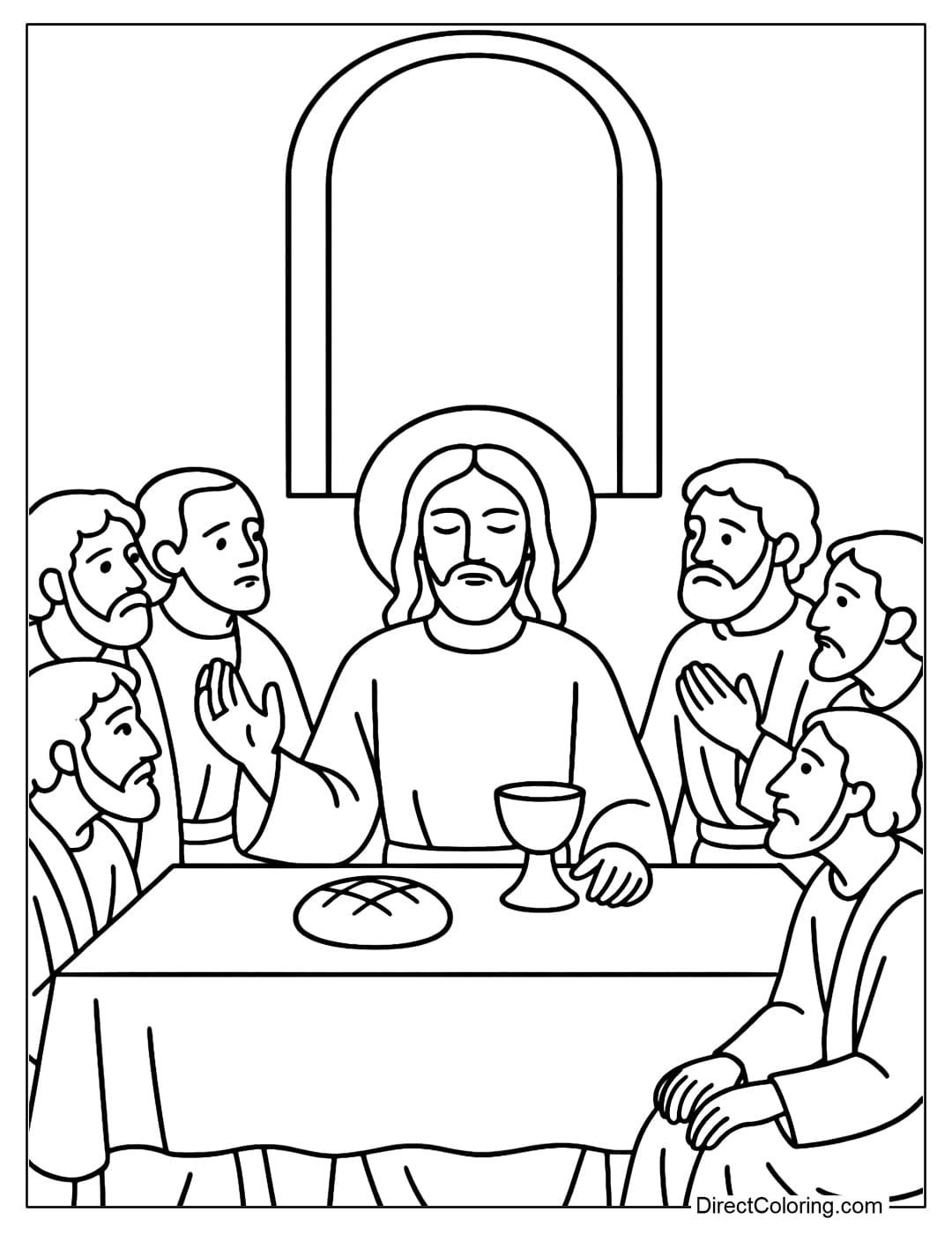 Last Supper Coloring Page: Jesus sitting in the middle of a simple long table, a few disciples on both sides, with bread and a cup.