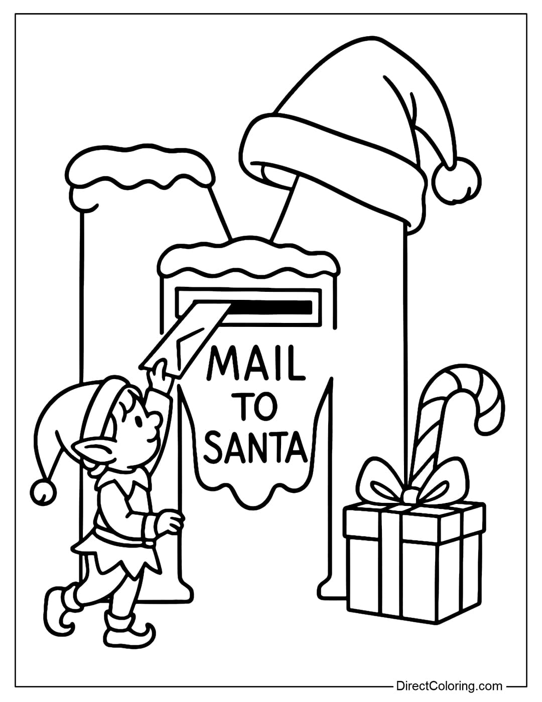 The Letter M Christmas coloring page is like a Christmas mailbox with an Elf sending a letter to Santa Claus.