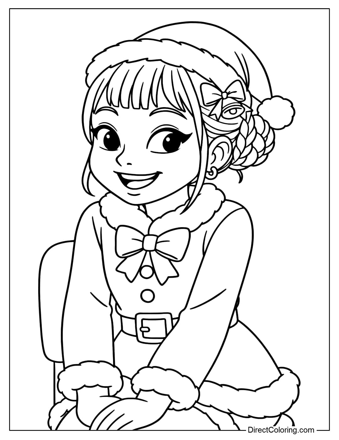 Zoey Kpop Demon Hunters coloring page wearing a Santa hat, neatly braided bun, and a large bow on the side. Zoey's Christmas outfit has a bow on the chest, a belt and soft fur trim.