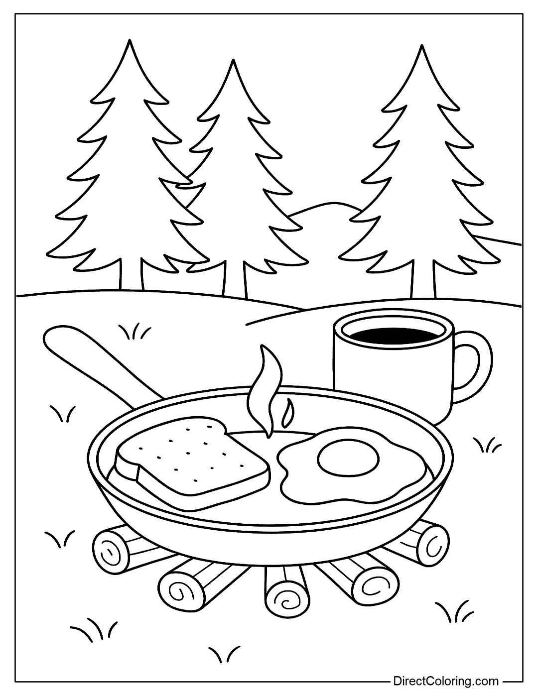a camping breakfast coloring page with toast, eggs and coffee on the pan.