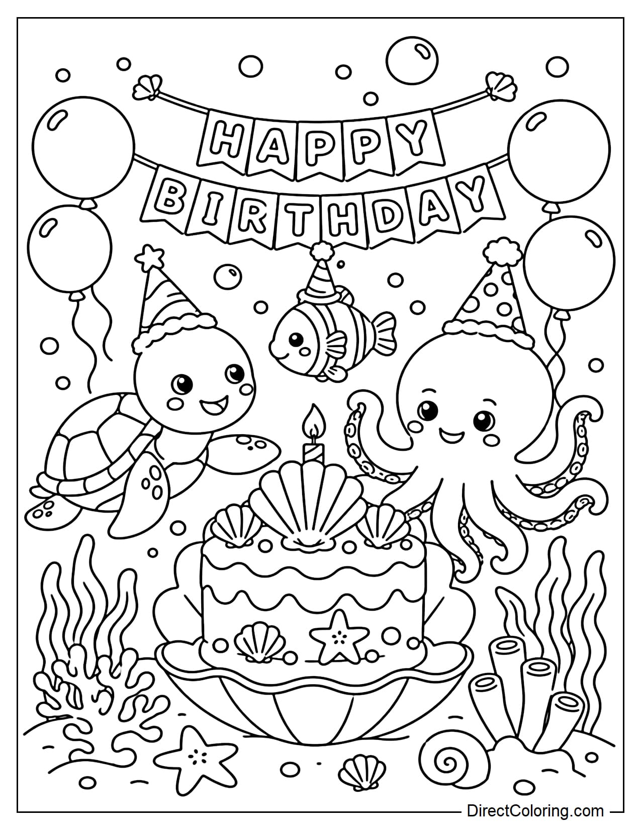 An underwater birthday party with turtles, fish, and octopuses wearing party hats, a seashell cake, and water bubbles.