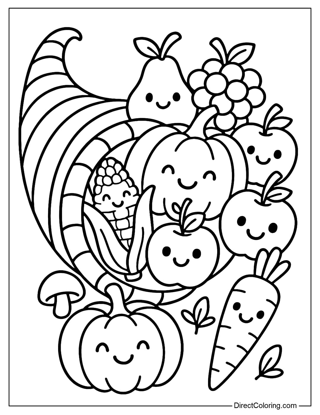 Cute Cornucopia coloring page, fruits and vegetables with funny smiley faces.