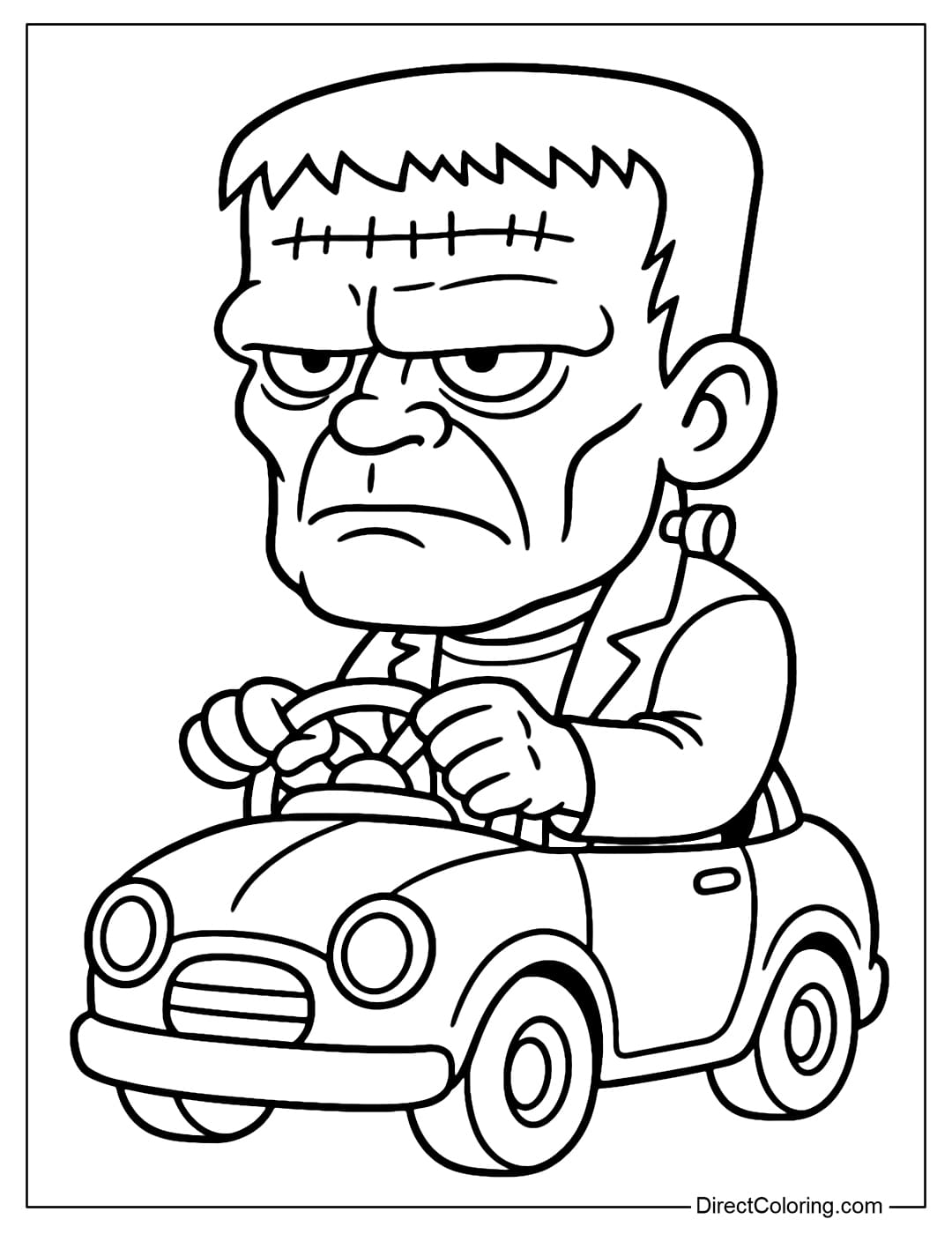 A Frankenstein coloring page driving a small car, with a head too big for the car, creating a humorous look.