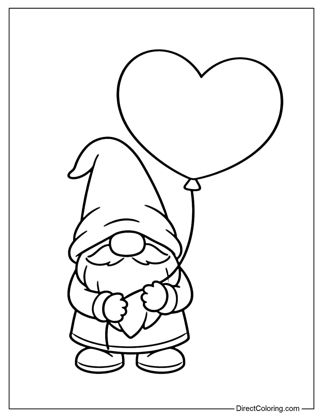 A coloring page featuring a cute gnome holding a large heart-shaped balloon in both hands.
