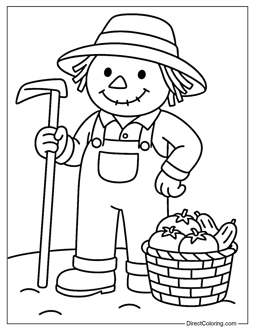 Happy farmer style scarecrow coloring page, holding a hoe, smiling mouth, next to a basket of tomatoes and cucumbers.