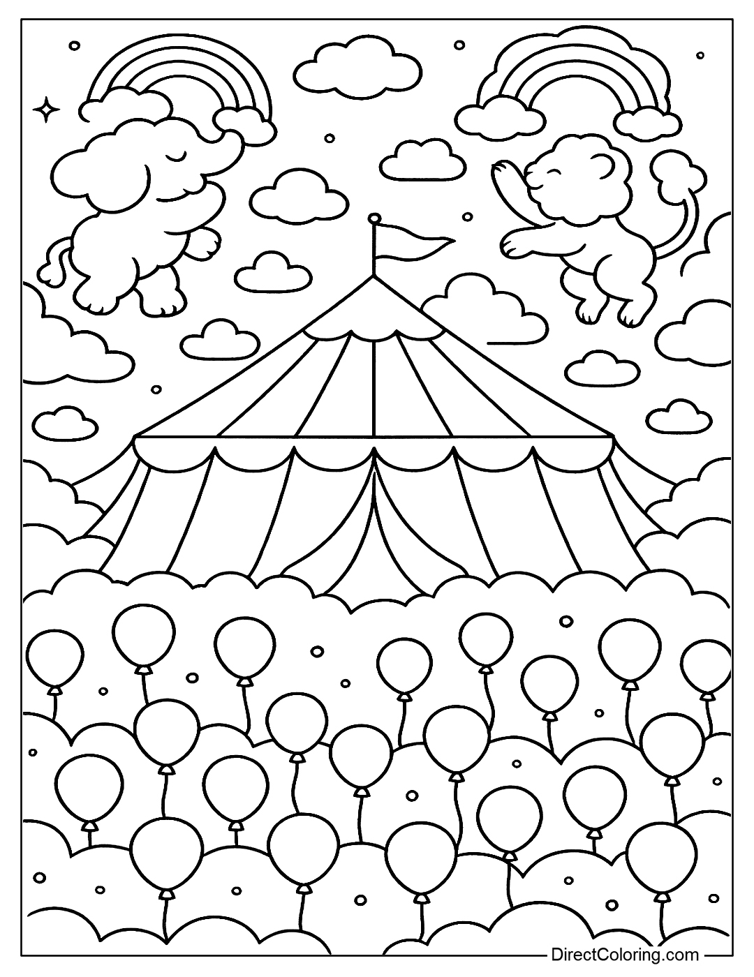 A large cloud is a circus tent, with smaller clouds being acrobats (cloud elephants, cloud lions) juggling rainbows coloring page