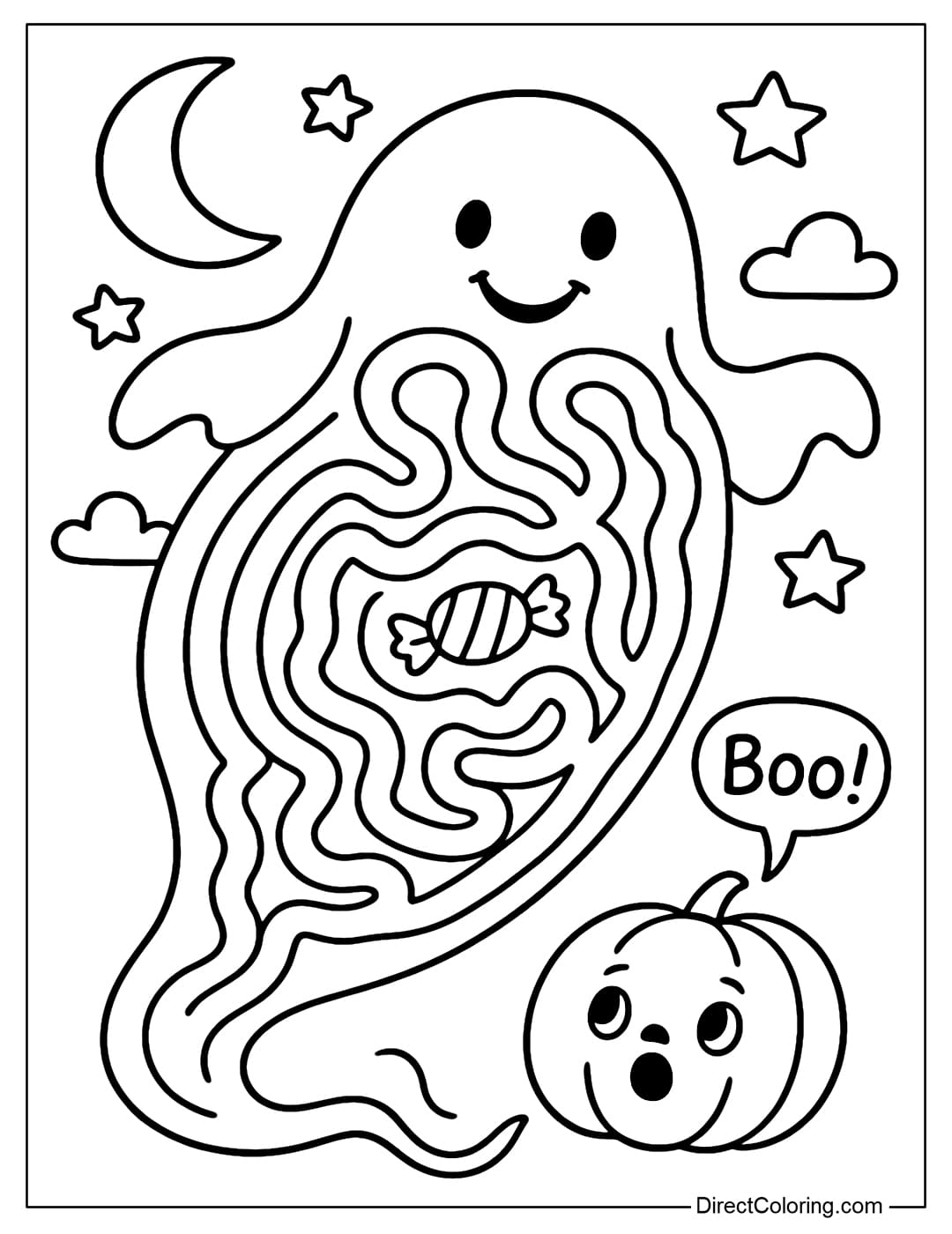 Cute ghost-shaped maze coloring page with cheeks pink and a funny smile. The path winds around the ghost's body, the destination is a glowing candy.