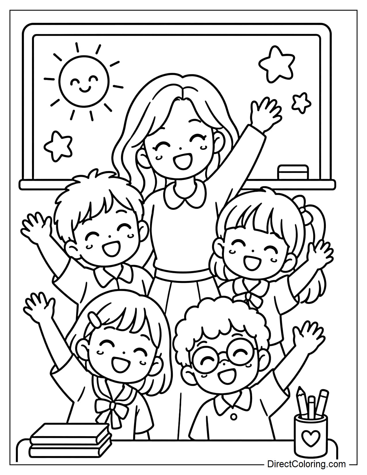 A female teacher is standing in the middle of four students arranged in a small group. Everyone is smiling and raising their hands happily as if taking a class memory photo.