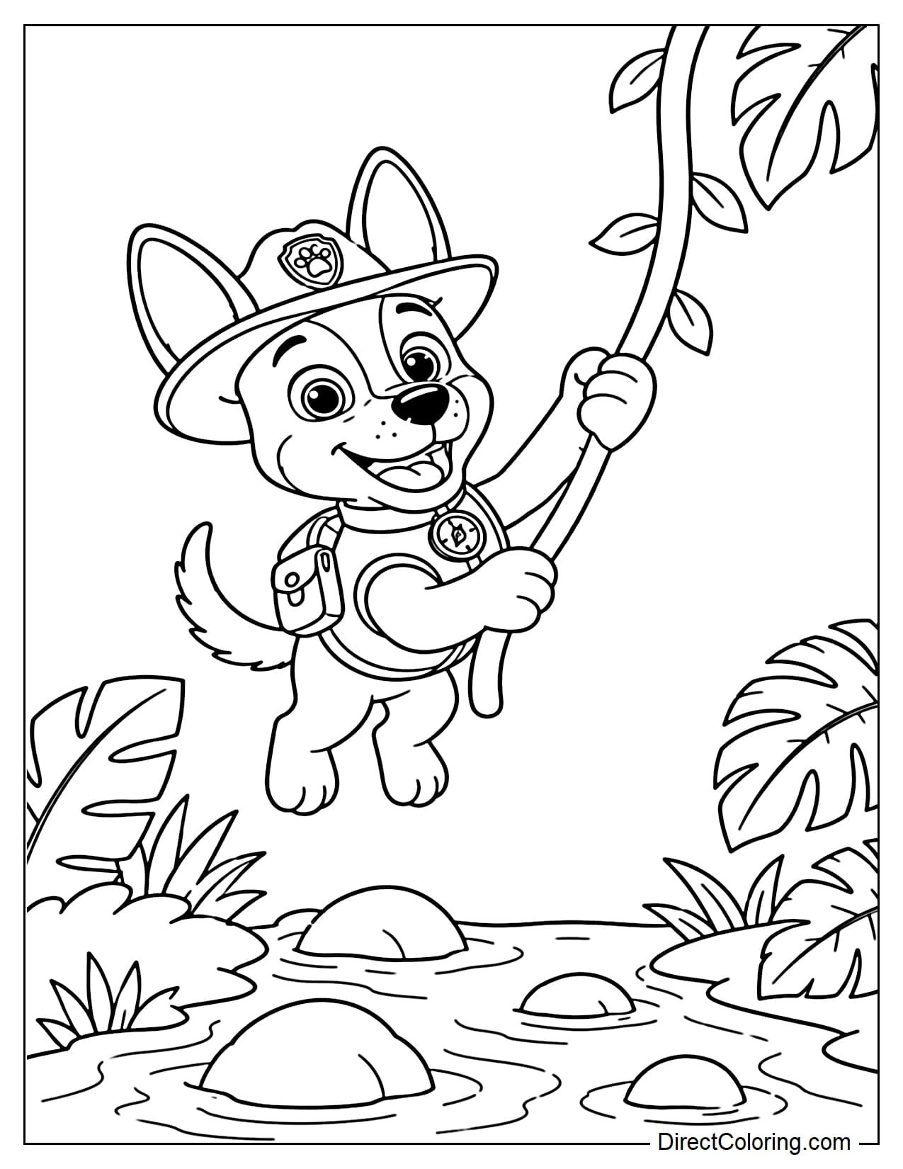 Tracker swings across jungle vines over a small stream, with a few rocks and large jungle leaves below.